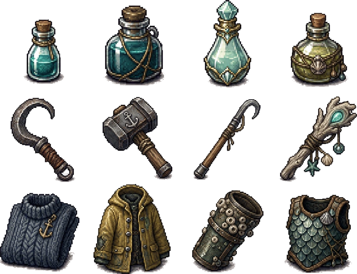 Development study of Tideforge salvage tools, reagents, and practical gear icons.