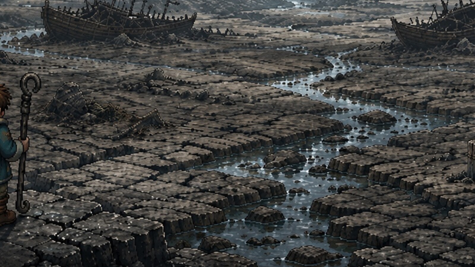 Tideforge environment art showing a withdrawn sea, exposed seabed channels, and stranded shipwrecks.